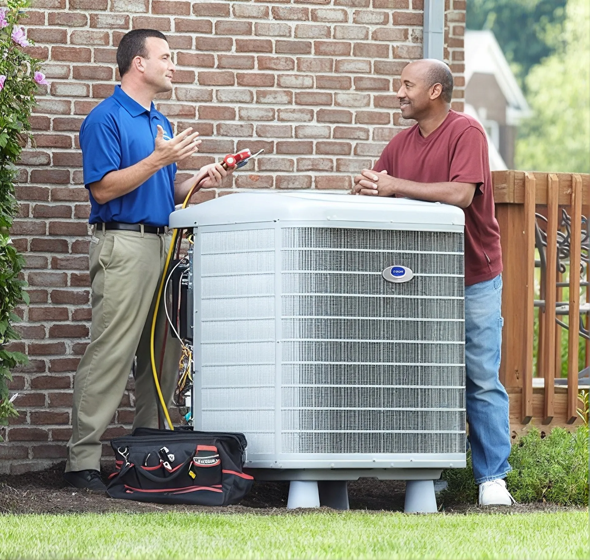 A Snazzy technician walking a homeowner through a cooling system repair